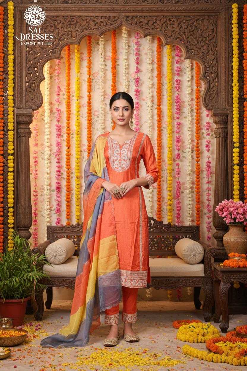 PURE DOLA SILK TANGERINE ORANGE SUIT WITH EXQUISITE HEAVY HAND EMBROIDERY, RICH SILK TEXTURE AND FESTIVE ELEGANCE
