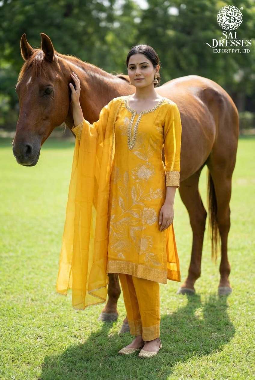 PURE DOLLA SILK MUSTARD YELLOW SUIT WITH RICH JACQUARD WEAVING, HEAVY HAND EMBROIDERY AND MATCHING DUPATTA