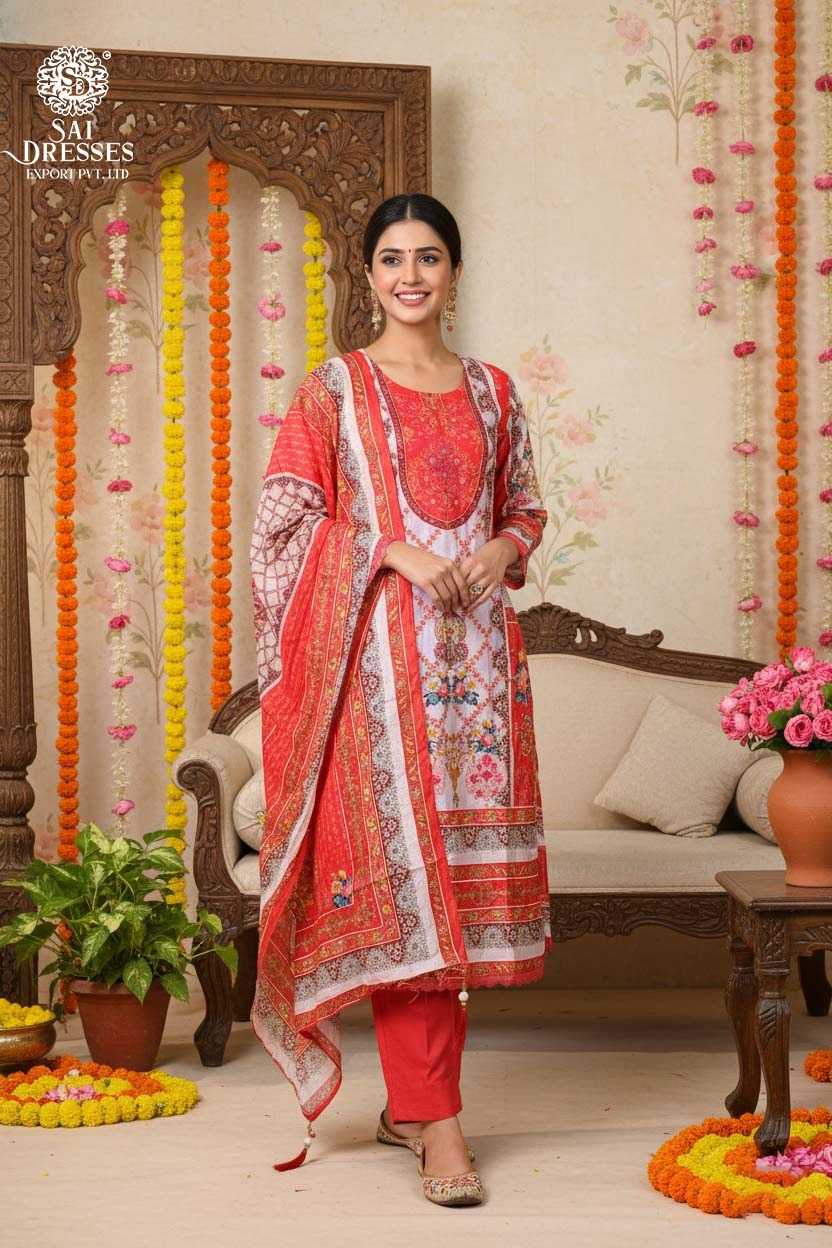 PURE MASLIN BRIGHT RED & IVORY SUIT WITH INTRICATE HAND WORK, RICH FLORAL PRINTS AND ELEGANT FESTIVE TRADITIONAL LOOK