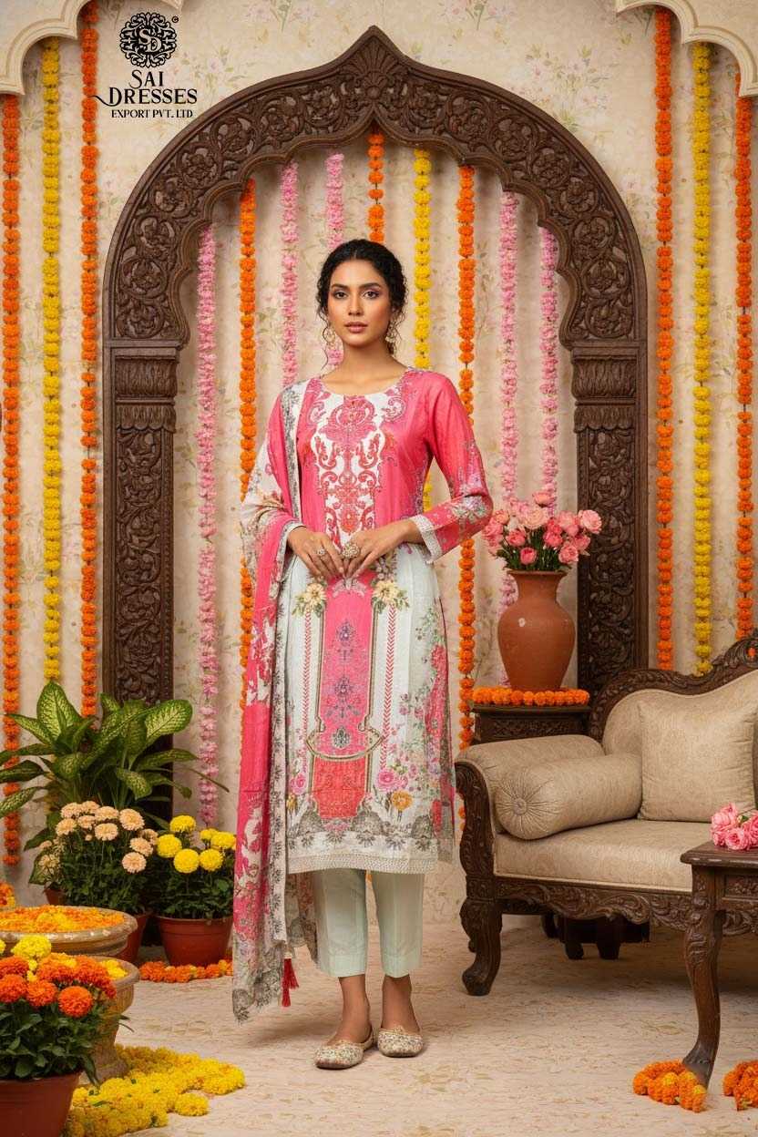 PURE NATURAL CREPE ROSE PINK & MINT GREEN SUIT WITH DELICATE HAND WORK, ELEGANT TRADITIONAL MOTIFS AND SOFT COMFORTABLE FINISH