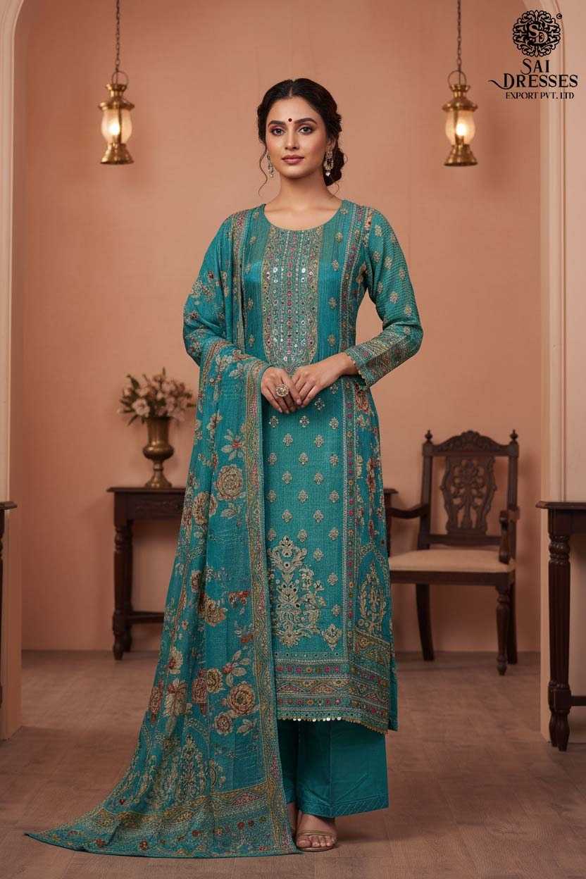 PURE SHIMMER CRUSH TEAL ELEGANT FLORAL PRINTED SALWAR SUIT SET WITH MATCHING DUPATTA FOR WOMEN