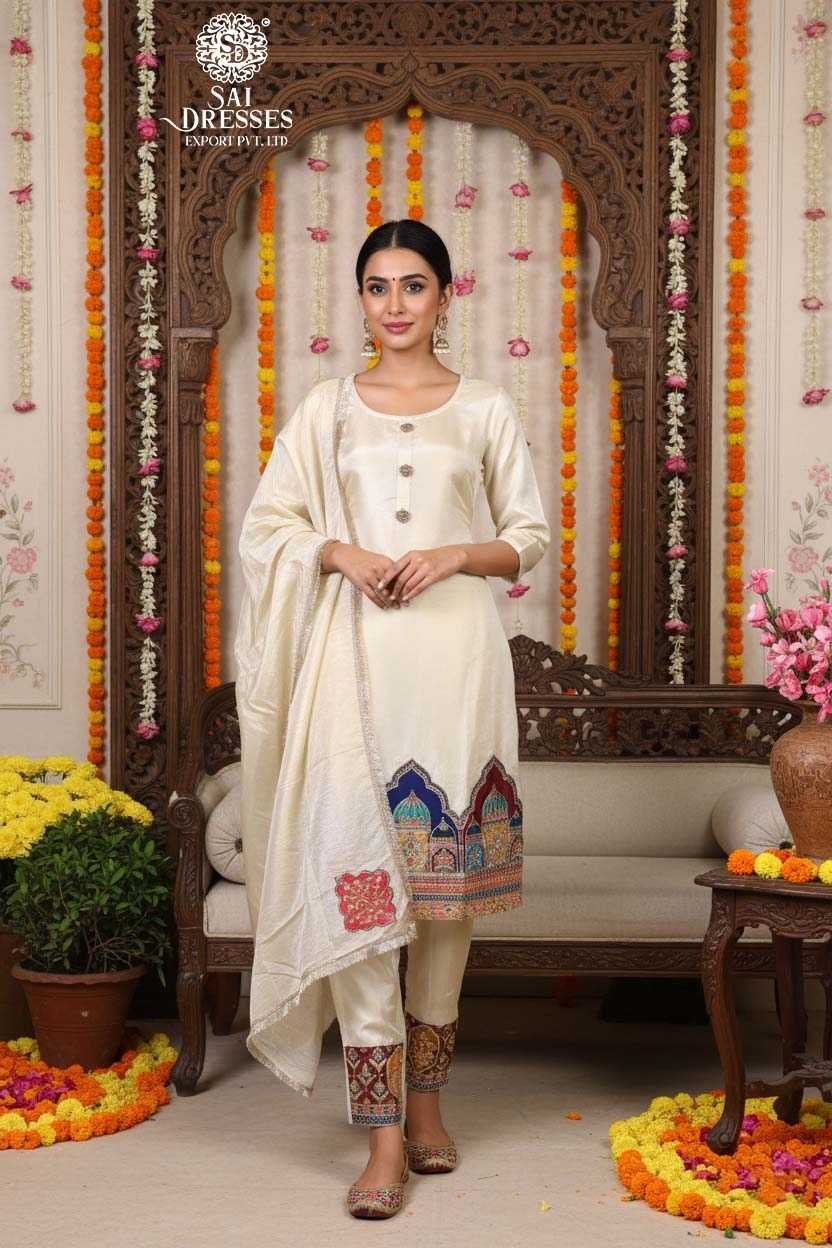 PURE SHIMMER IVORY CREAM SUIT WITH EXCLUSIVE HEAVY POSITION PRINT WORK, ELEGANT MOTIF PLACEMENT AND PREMIUM FESTIVE FINISH