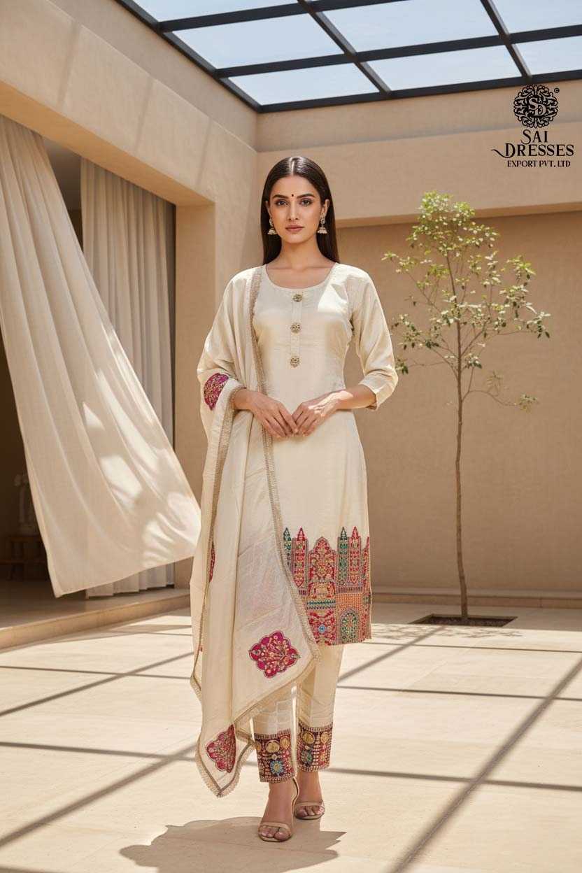PURE SHIMMER STRAIGHT CUT SUIT SET WITH ELEGANT MOTIFS, CLASSIC BUTTON DETAILING, MATCHING PANTS AND DESIGNER DUPATTA