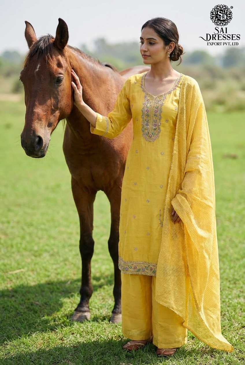 PURE SHIMMER VISCOSE SUNFLOWER YELLOW SUIT WITH PREMIUM HEAVY HAND EMBROIDERY, SOFT SHIMMER FINISH AND MATCHING DUPATTA