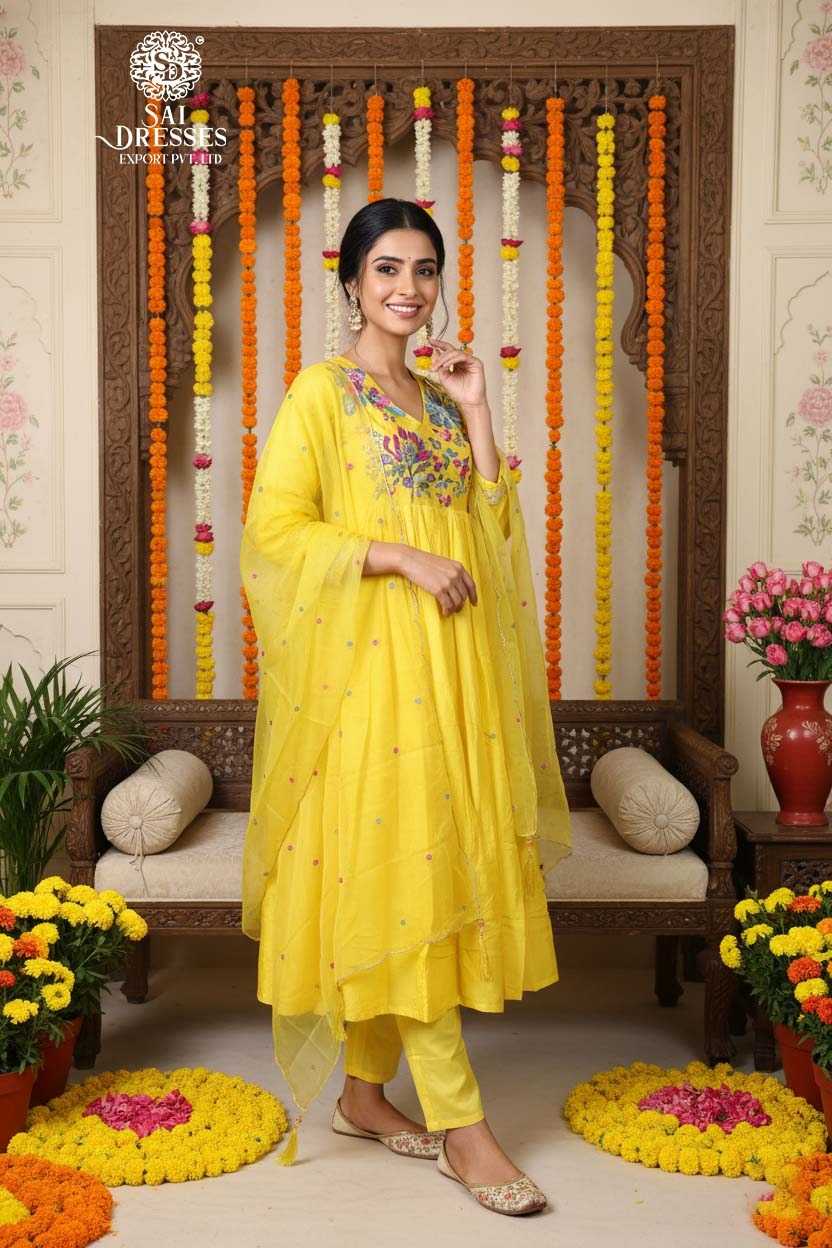 PURE UPADA SILK SUNSHINE YELLOW SUIT WITH HEAVY HAND WORK, INTRICATE FLORAL EMBELLISHMENTS, FLOWY SILHOUETTE AND PREMIUM FESTIVE LUXURY FINISH