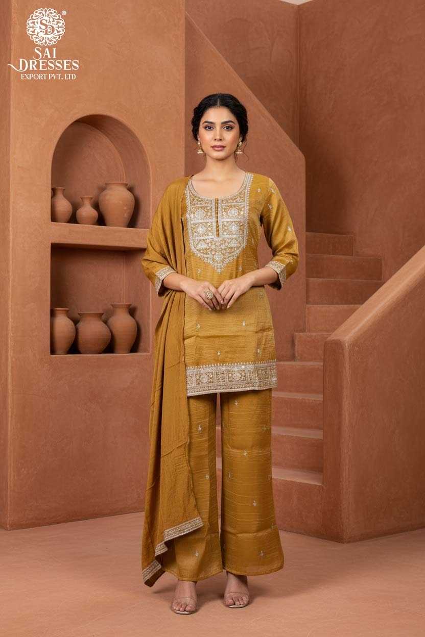 PURE VISCOSE SHIMMER MUSTARD GOLD SUIT WITH HEAVY SEQUENCE WORK, INTRICATE HAND EMBELLISHED NECKLINE, RICH TEXTURE AND PREMIUM FESTIVE FINISH