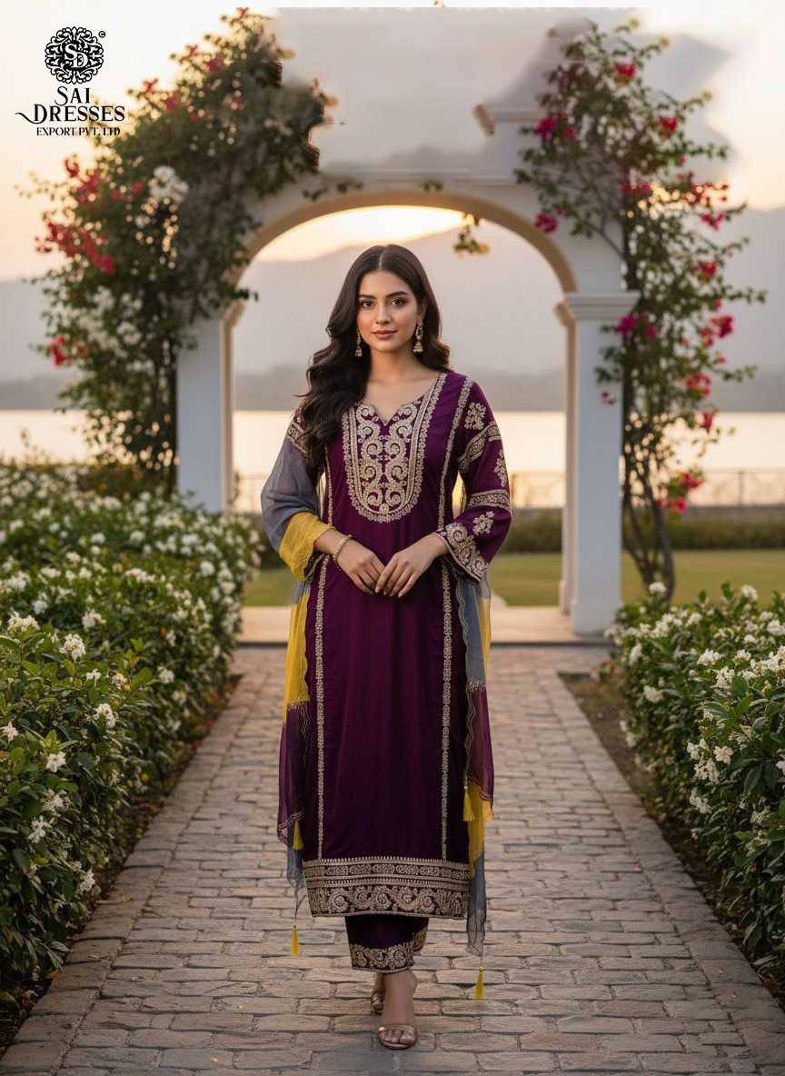 PURPLE PURE DOLA STRAIGHT CUT SUIT SET WITH INTRICATE CODING WORK, ELEGANT NECK HANDWORK , MATCHING PANTS AND DESIGNER DUPATTA
