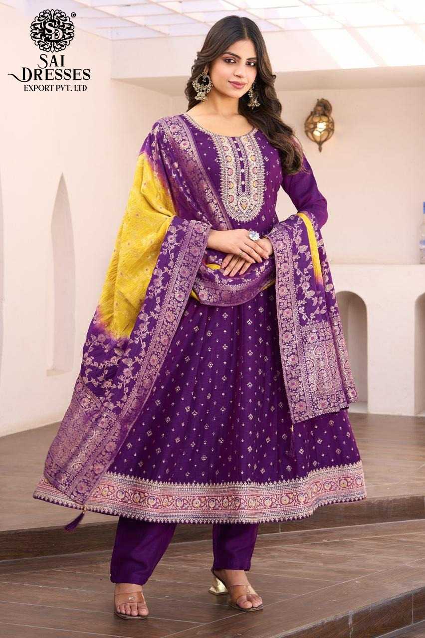 PURPLE  TRADITIONAL ANARKALI SUIT SET WITH INTRICATE VICHITRA SILK  AND CONTRAST PINK PRINTED DUPATTA FOR FESTIVE AND WEDDING WEAR