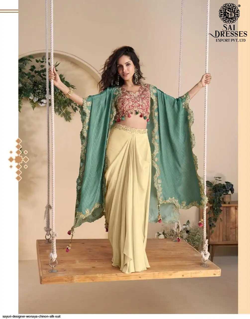 REAL PREMIUM CHINON SILK DESIGNER INDO WESTERN COLLECTION WITH FLORAL PRINT AND ELEGANT EMBROIDERY