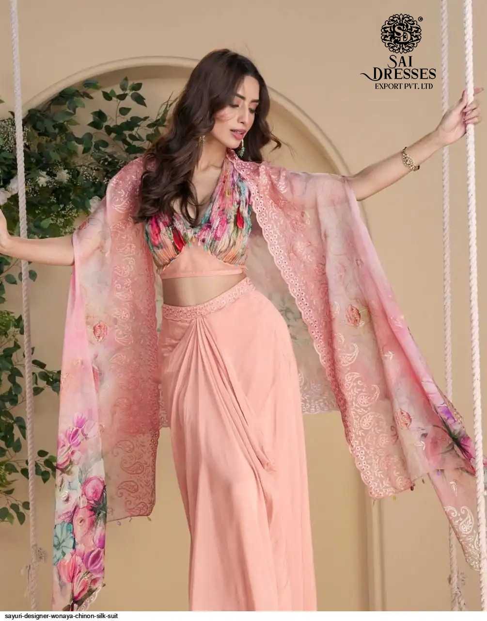 REAL PREMIUM CHINON SILK DESIGNER INDO WESTERN COLLECTION WITH FLORAL PRINT AND ELEGANT EMBROIDERY