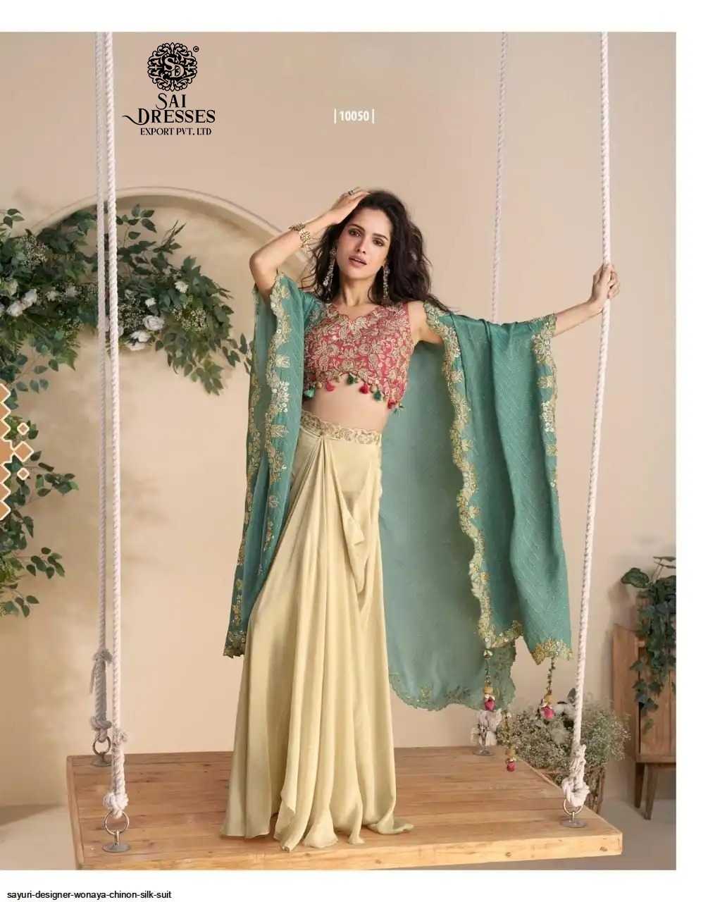 REAL PREMIUM CHINON SILK DESIGNER INDO WESTERN COLLECTION WITH FLORAL PRINT AND ELEGANT EMBROIDERY