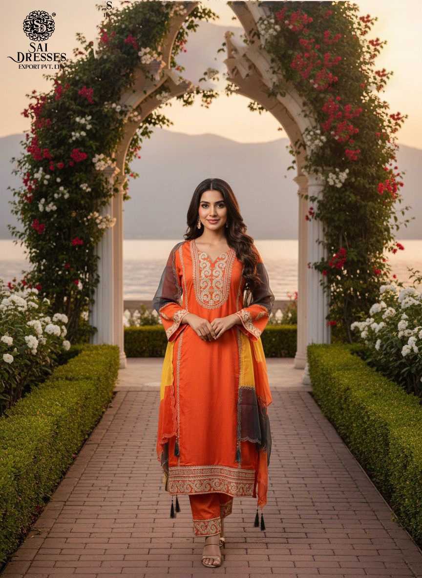 SAFFRON PURE DOLA STRAIGHT CUT SUIT SET WITH INTRICATE CODING WORK, ELEGANT NECK HANDWORK , MATCHING PANTS AND DESIGNER DUPATTA