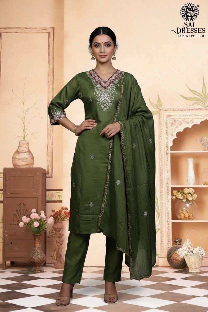 SAGE GREEN MAL CHANDERI STRAIGHT CUT SUIT SET WITH ELEGANT NECK HANDWORK, MATCHING PANTS AND DESIGNER DUPATTA