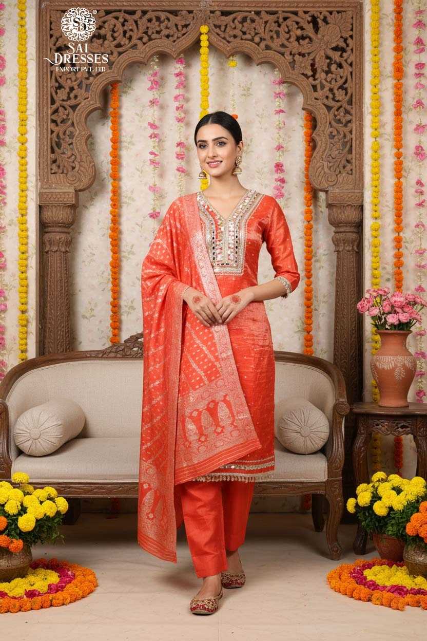 SHIMMER JACQUARD CORAL ORANGE SUIT WITH LUXURIOUS HEAVY SEQUENCE EMBELLISHMENT, RICH JACQUARD TEXTURE AND GRAND FESTIVE APPEAL