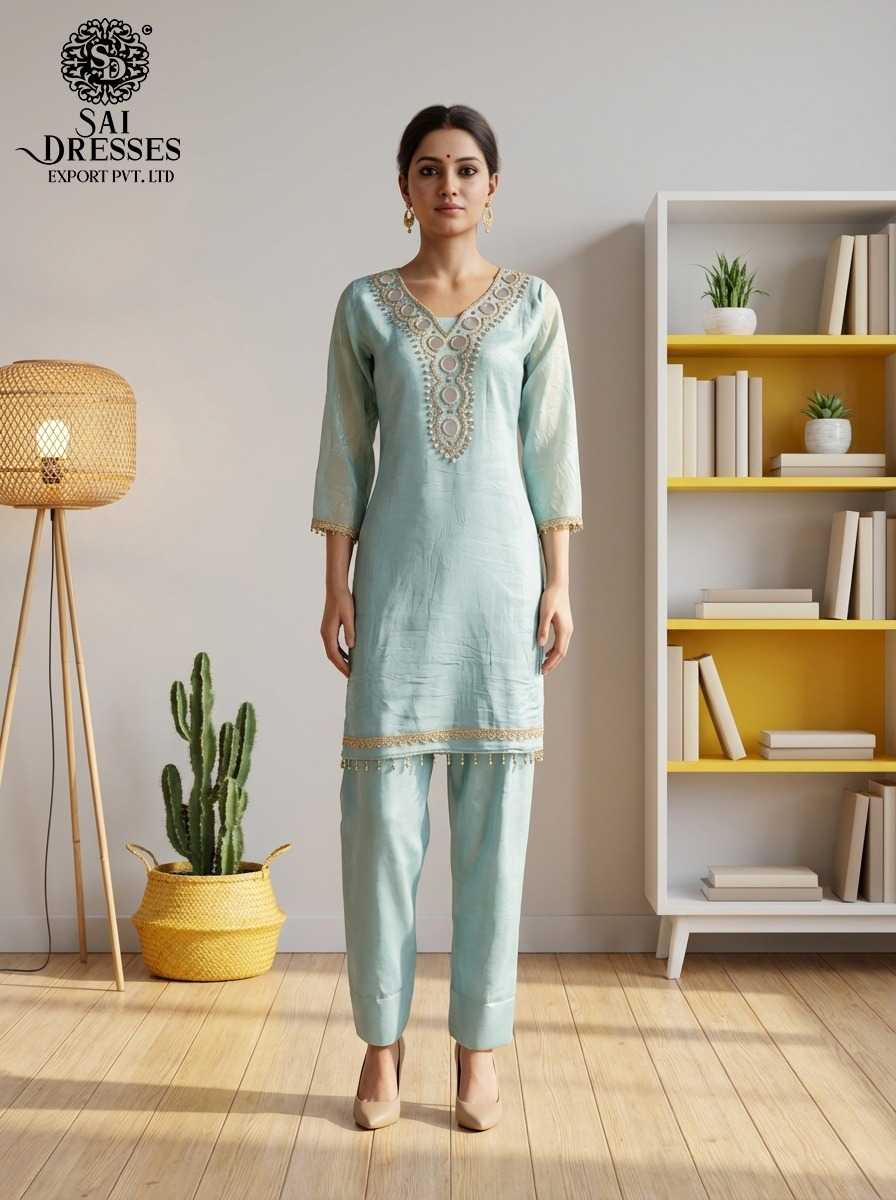 SKY BLUE GOLD CRUSH FABRIC SUIT SET WITH ELEGANT MIRROR WORK AND FINE EMBELLISHMENTS 