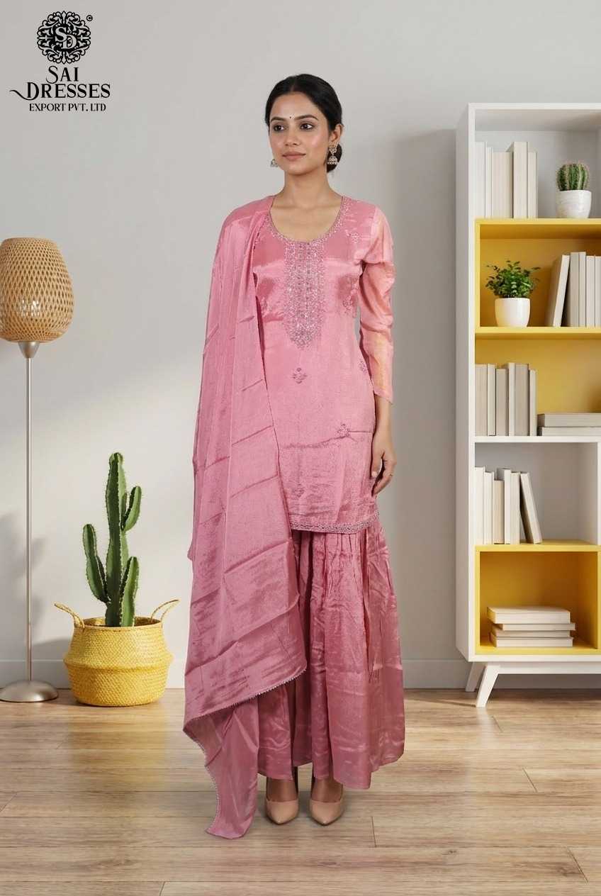STYLISH DUSTY PINK PURE CHINON KURTI SHARARA DUPATTA SET WITH PREMIUM HAND WORK DETAILS