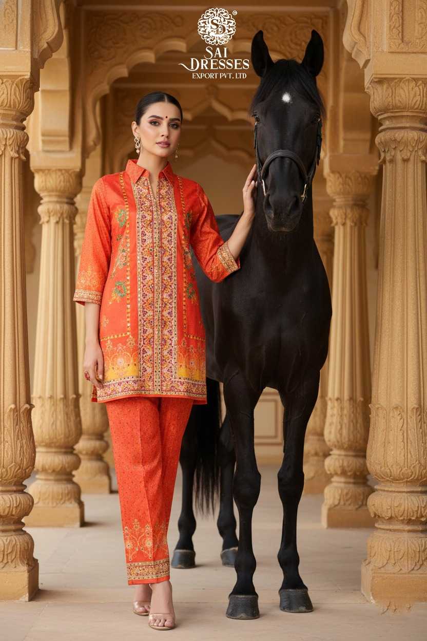 STYLISH ORANGE CHINON HAND WORK KURTI PANT SET WITH CLASSIC ETHNIC MOTIFS