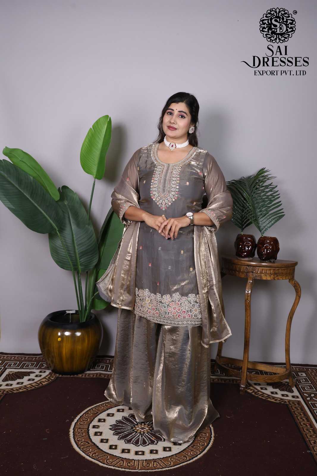 TAUPE GREY PREMIUM GOLD CRUSH EMBROIDERED SUIT WITH HANDWORK
