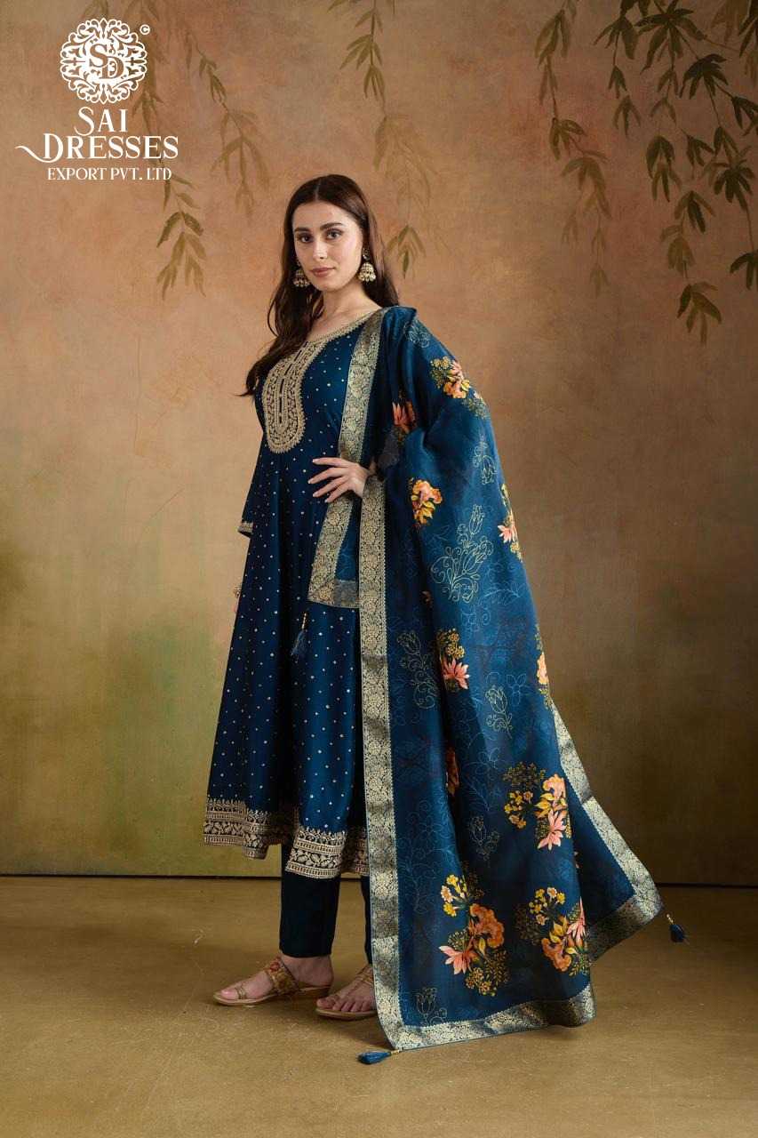 TEAL BLUE TRADITIONAL ANARKALI SUIT SET WITH INTRICATE VICHITRA SILK  AND CONTRAST PINK PRINTED DUPATTA FOR FESTIVE AND WEDDING WEAR