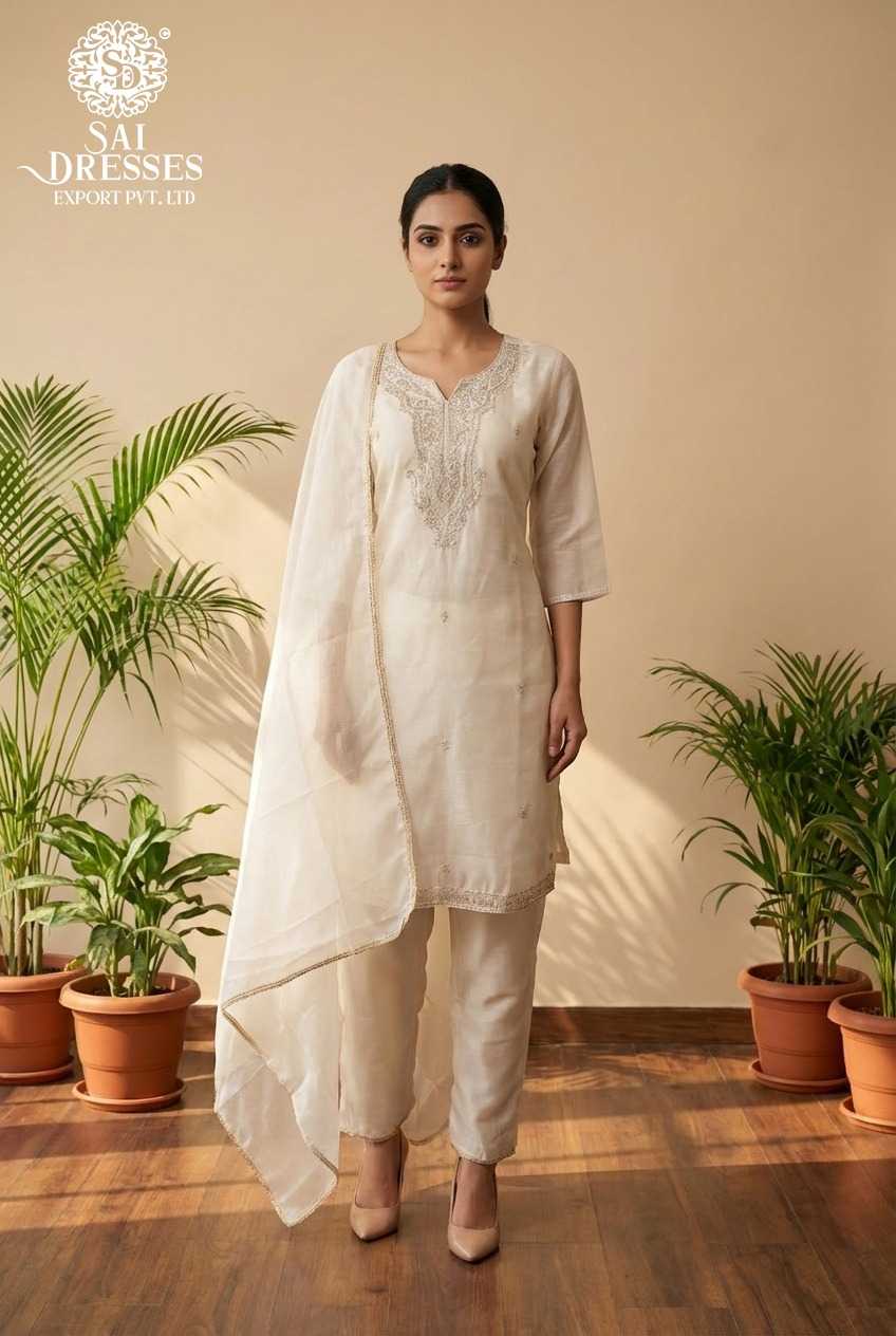 WHITE Gold Crush Kurta Set with Sequence Work, Matching Bottom & Embellished Dupatta – Festive & Party Wear