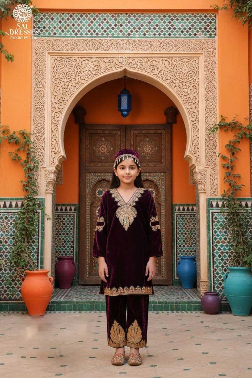 WINE MAROON VELVET EMBROIDERED GIRLS KURTI PANT SET – PREMIUM FESTIVE WEAR