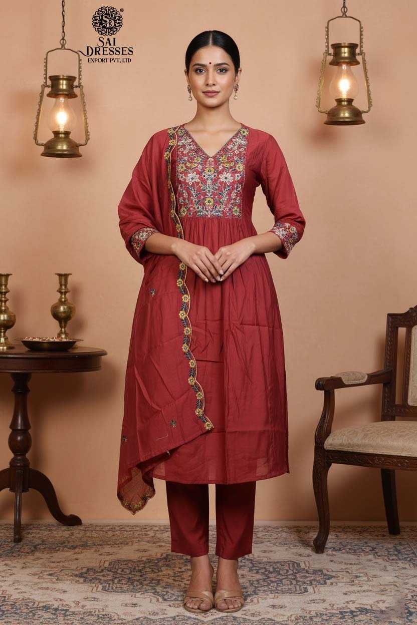 WINE RED PURE CHANDERI STRAIGHT CUT SUIT SET WITH RICH HEAVY HANDWORK AND INTRICATE EMBROIDERY, ELEGANT NECK DETAILING, MATCHING PANTS AND DESIGNER DUPATTA
