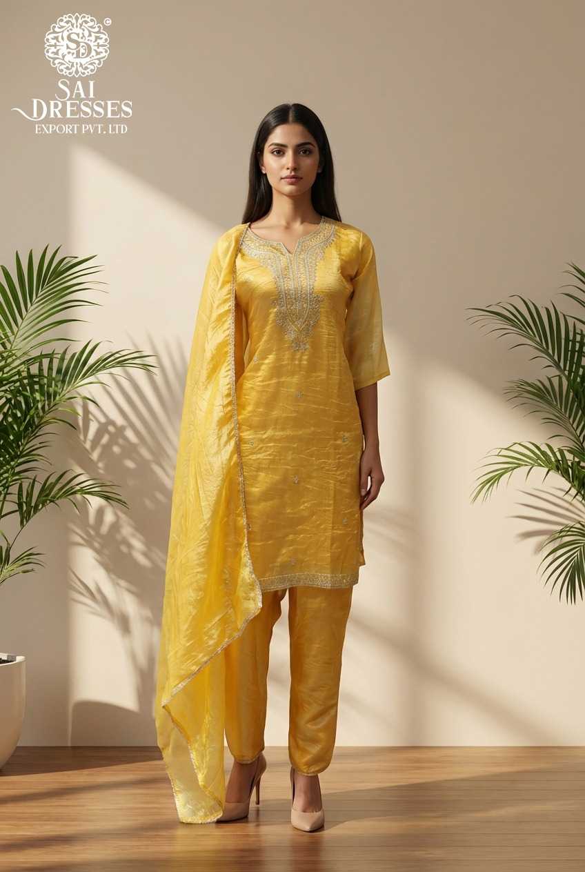 YELLOW Gold Crush Kurta Set with Sequence Work, Matching Bottom & Embellished Dupatta – Festive & Party Wear