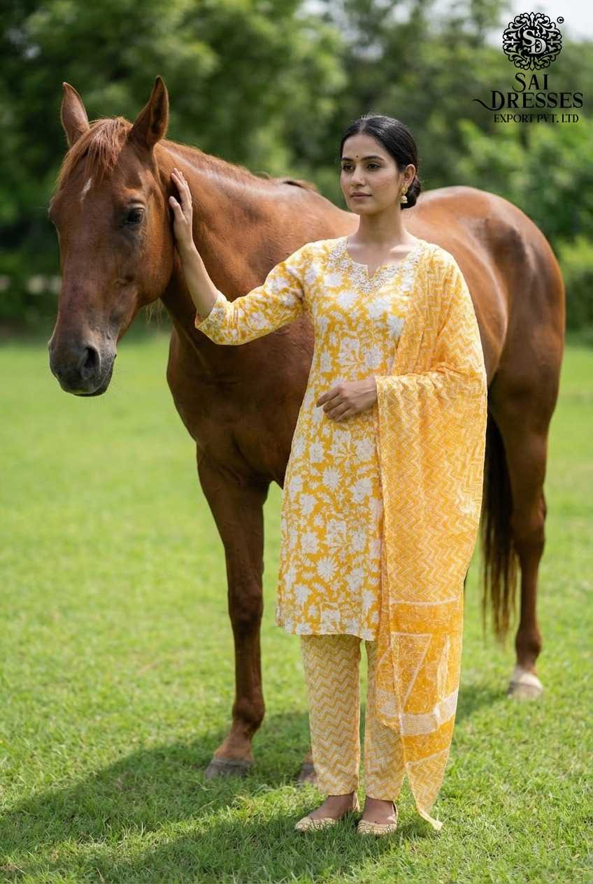 YELLOW PURE COTTON DIGITAL PRINT KURTI WITH MATCHING PANT AND DUPATTA – SOFT, BREATHABLE & ELEGANT DAILY WEAR SET 