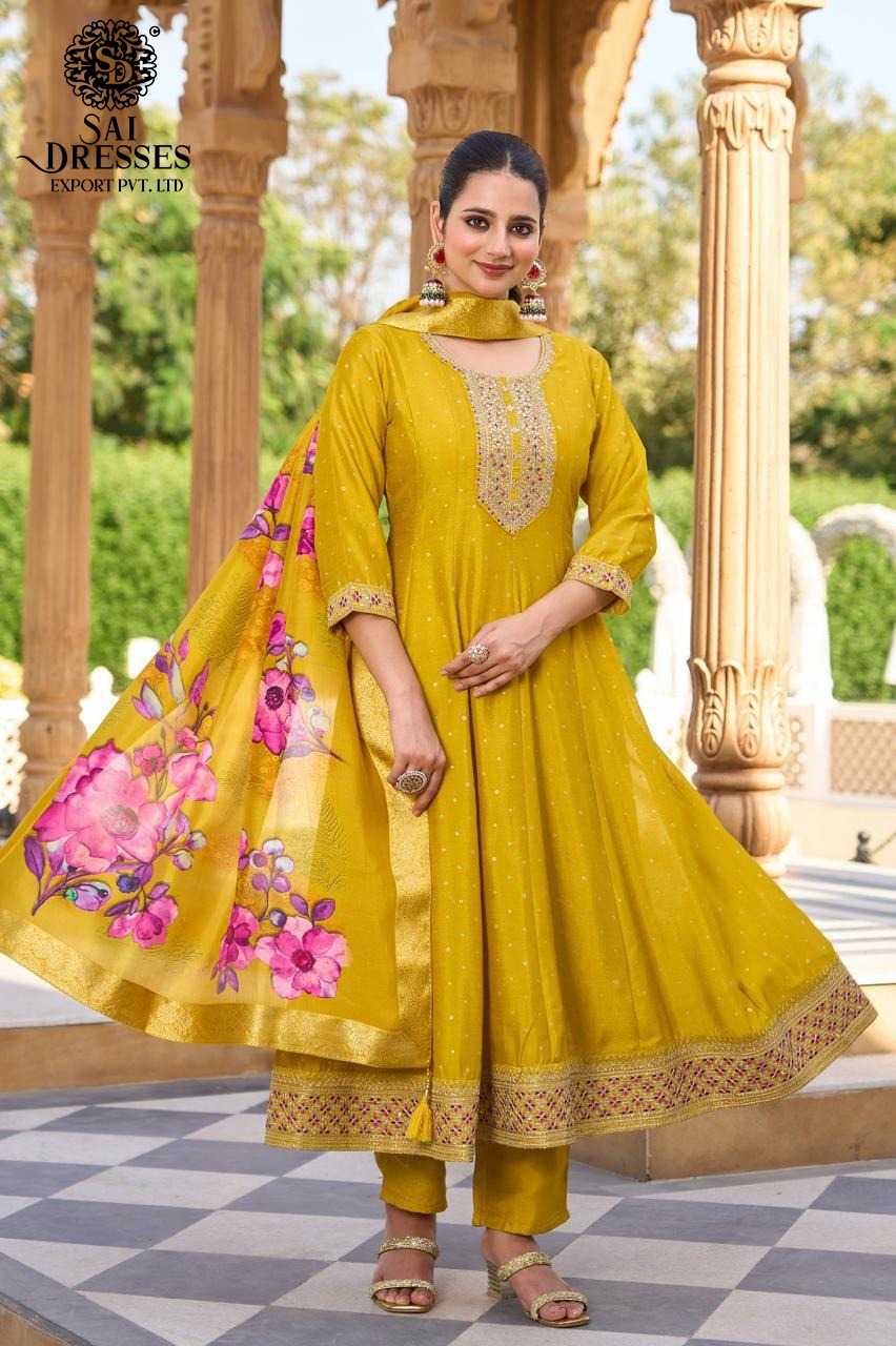 YELLOW TRADITIONAL ANARKALI SUIT SET WITH INTRICATE VICHITRA SILK  AND CONTRAST PINK PRINTED DUPATTA FOR FESTIVE AND WEDDING WEAR