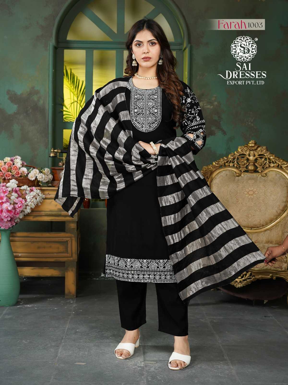 BLACK  ROMAN SHIMMER FABRIC SUIT WITH HEAVY SEQUENCE WORK AND DESIGNER STRIPED DUPATTA – PREMIUM FESTIVE WEAR COLLECTION