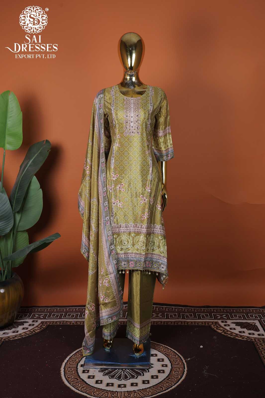 CHINON OLIVE GREEN KURTI SET WITH INTRICATE HAND WORK AND ELEGANT FLORAL MOTIFS