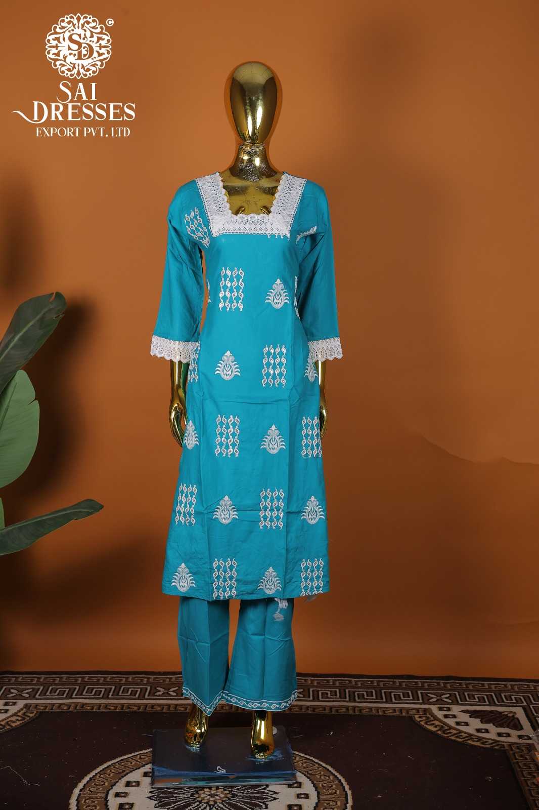 COMFORTABLE & STYLISH – PREMIUM RAYON SALWAR SUIT WITH GPO LACES AND EMBROIDERY – TURQUOISE BLUE