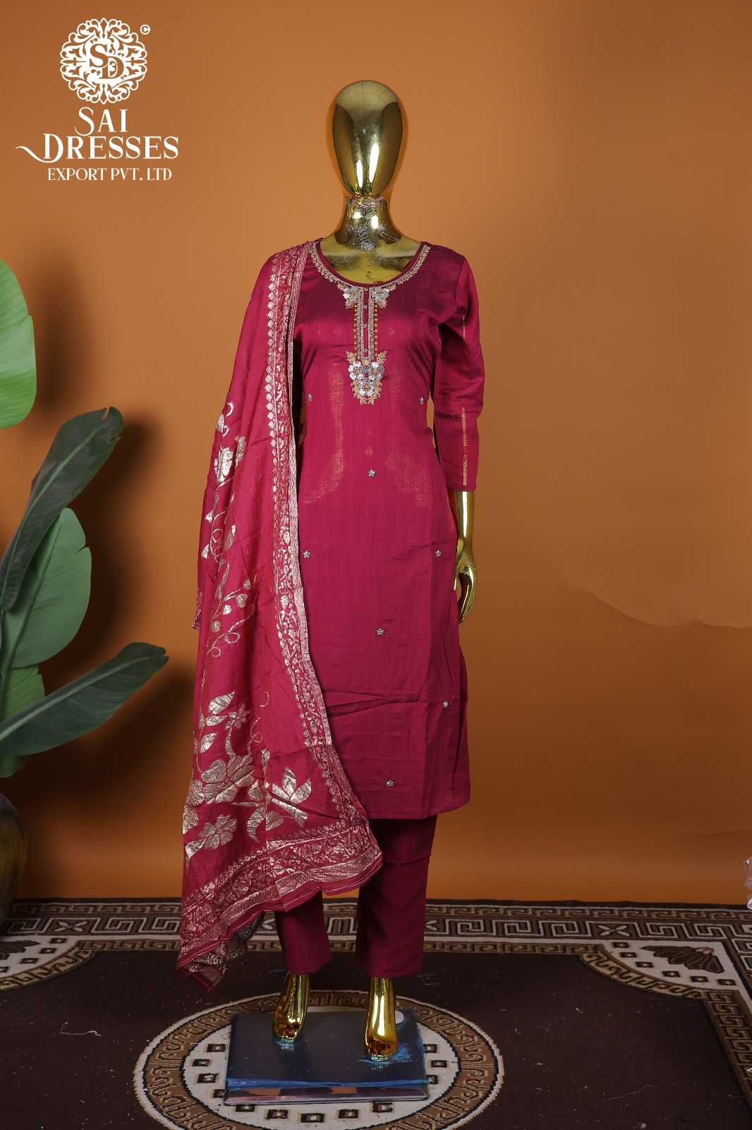 DESIGNER CHERRY RED VICHITRA SILK TRADITIONAL SUIT WITH HEAVY HANDWORK DETAILING
