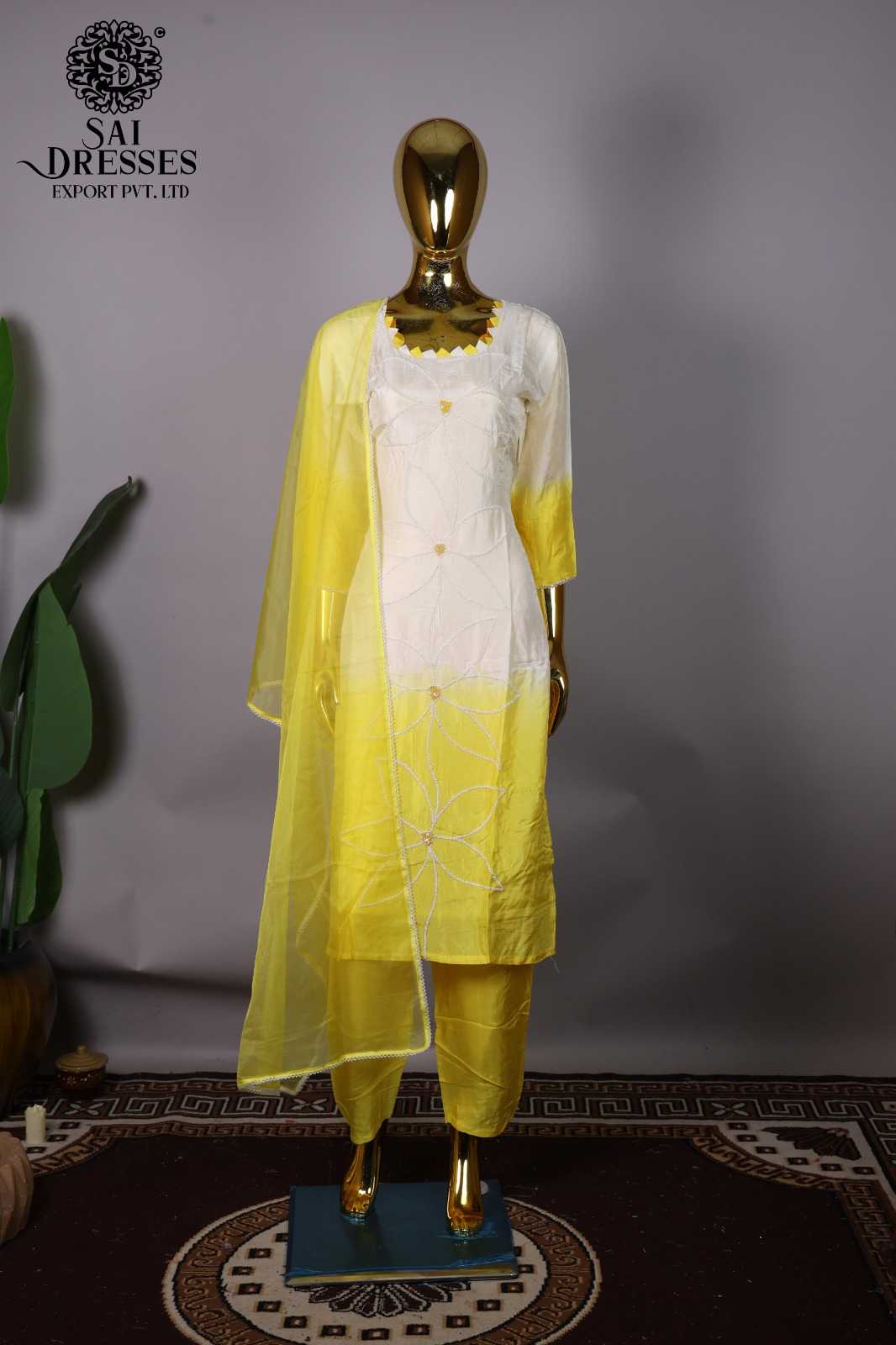 DESIGNER DOLLA SILK LEMON YELLOW KURTI SET WITH HEAVY FLORAL HANDWORK AND MATCHING DUPATTA
