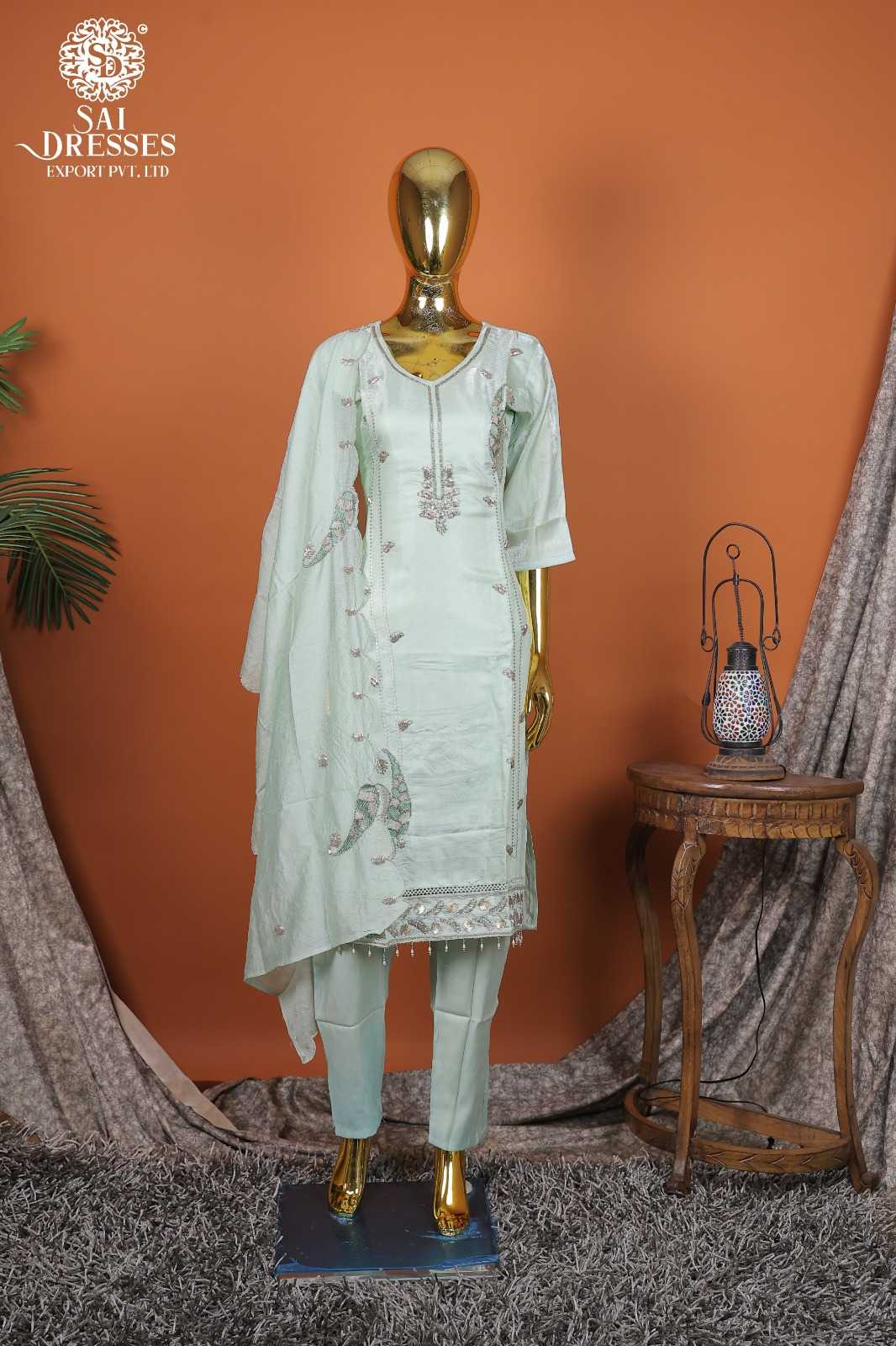 DESIGNER GLASS ROMAN PISTA GREEN KURTI SET WITH INTRICATE HAND EMBROIDERY AND SOFT LUXURY FINISH