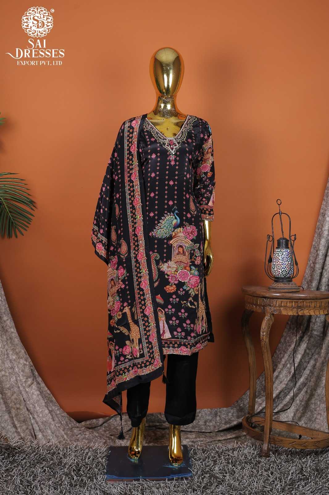 DESIGNER NATURAL CREPE BLACK KURTI SET WITH INTRICATE HANDWORK AND TRADITIONAL DIGITAL PRINT DUPATTA