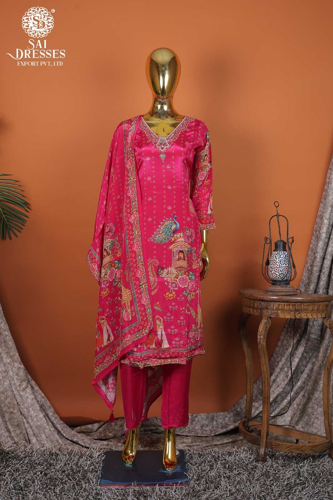 DESIGNER NATURAL CREPE RANI PINK KURTI SET WITH INTRICATE HANDWORK AND TRADITIONAL DIGITAL PRINT DUPATTA