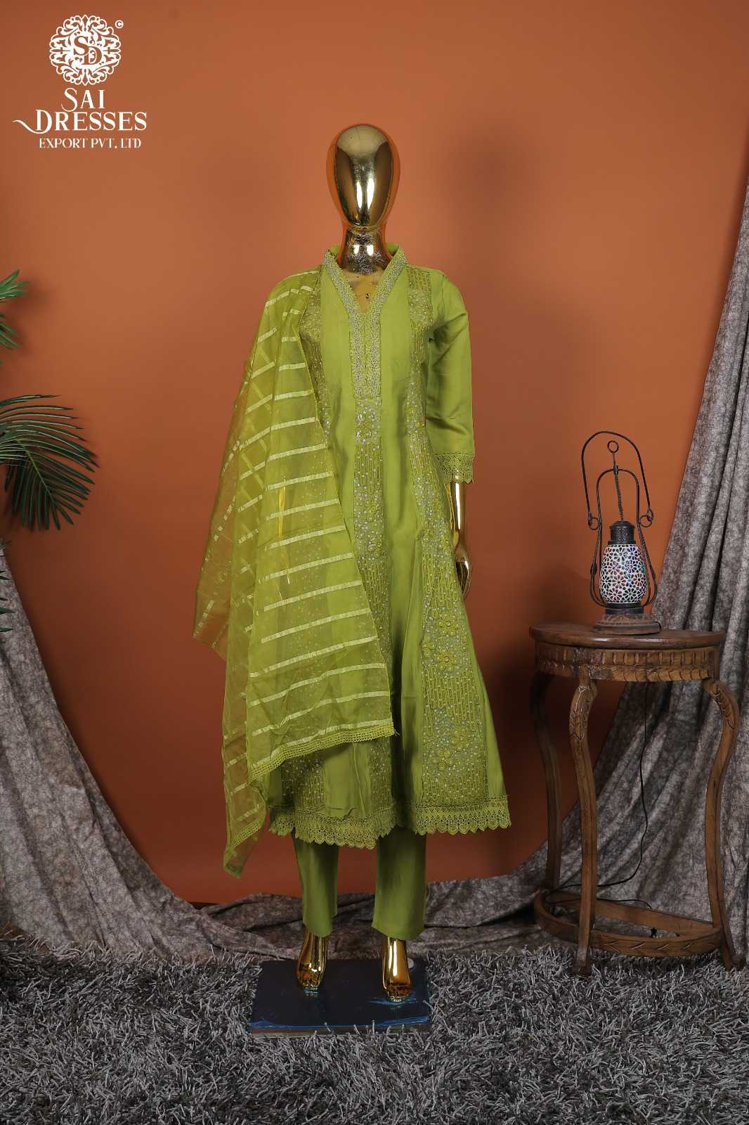 DESIGNER ROMAN SILK PASTEL GREEN KURTI SET WITH INTRICATE EMBROIDERY AND PREMIUM GPO LACE DETAILS
