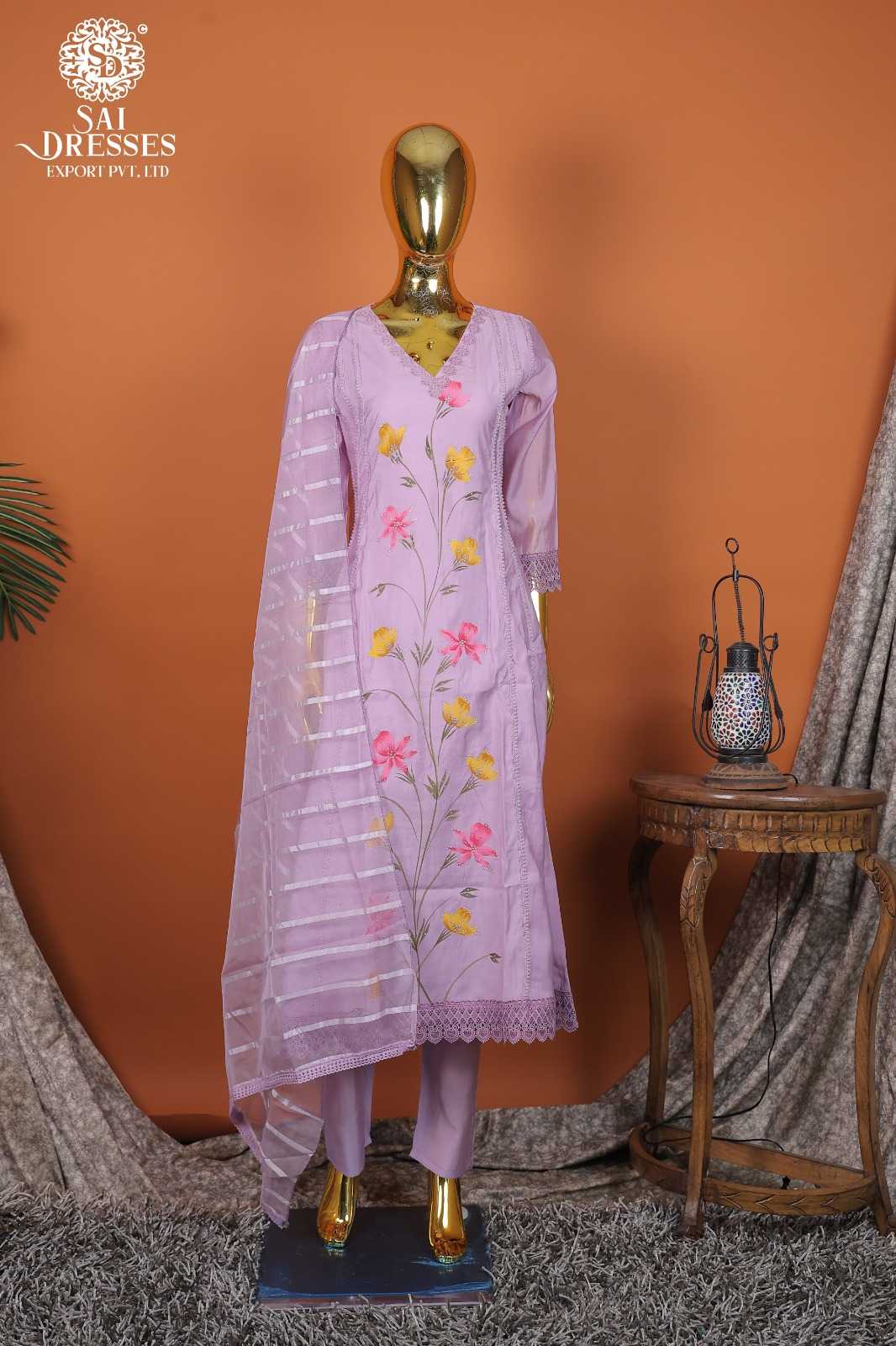 DESIGNER ROMAN SILK SOFT LAVENDER KURTI SET WITH INTRICATE EMBROIDERY AND PREMIUM GPO LACE DETAILS  