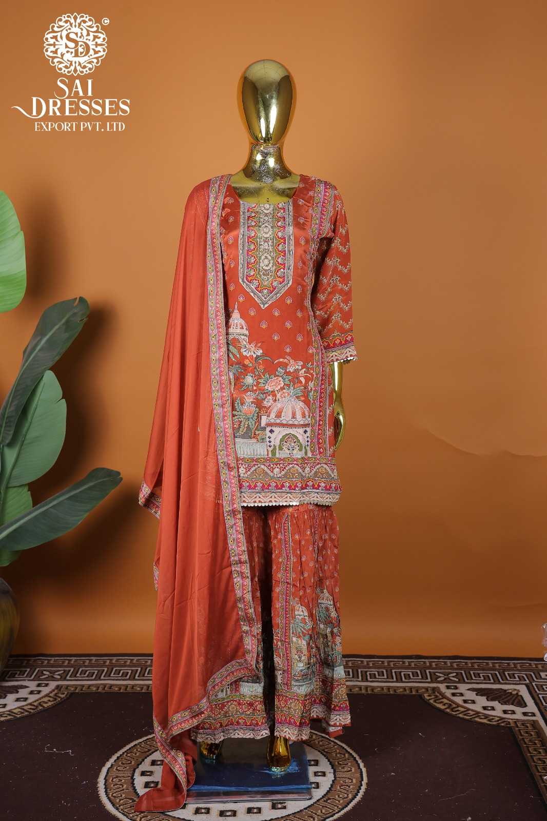 ELEGANT HEAVY WORK NATURAL CREPE SUIT WITH PANT AND DUPATTA IN ORANGE 