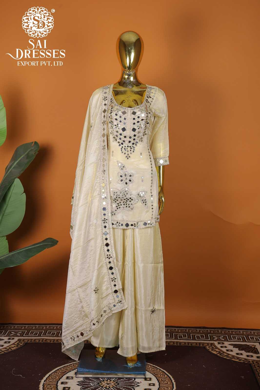ELEGANT MIRROR EMBROIDERED SHIMMER KURTI SHARARA DUPATTA SET