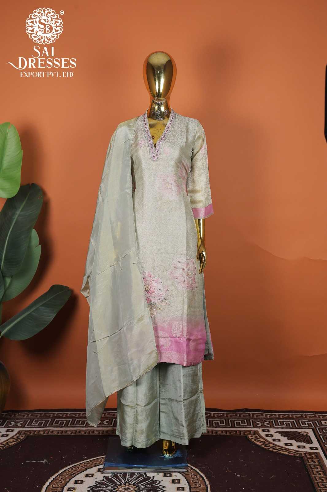 ELEGANT PURE SHIMMER JACQUARD FLORAL PRINT KURTI WITH MATCHING PALAZZO & DUPATTA – PASTEL GREEN BASE WITH SOFT PINK BORDER