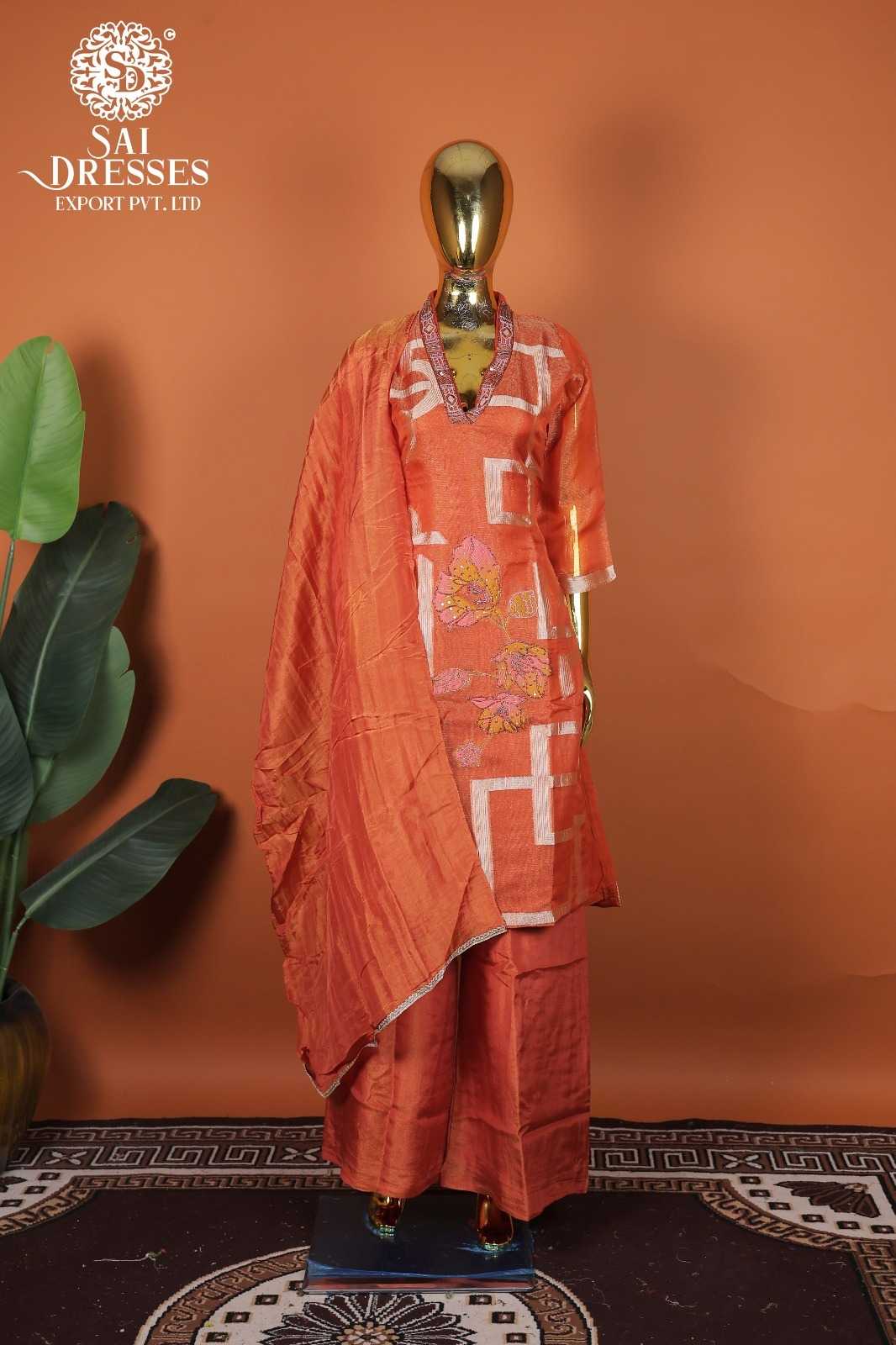 ELEGANT PURE VISCOSE SHIMMER GEOMETRIC & FLORAL PRINT KURTI WITH MATCHING PALAZZO & DUPATTA – RICH BURNT ORANGE COLOUR