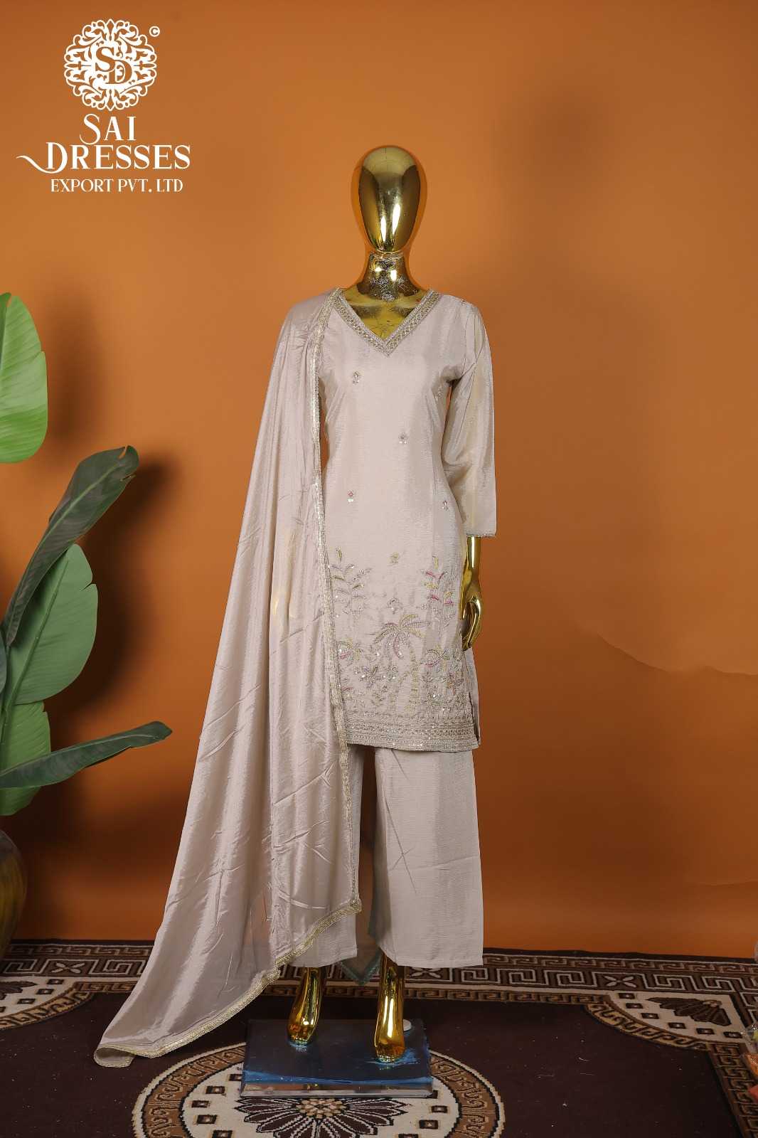 EXCLUSIVE DESIGNER COLLECTION – PURE CHINON SALWAR SUIT WITH INTRICATE HAND EMBROIDERY – PEARL WHITE