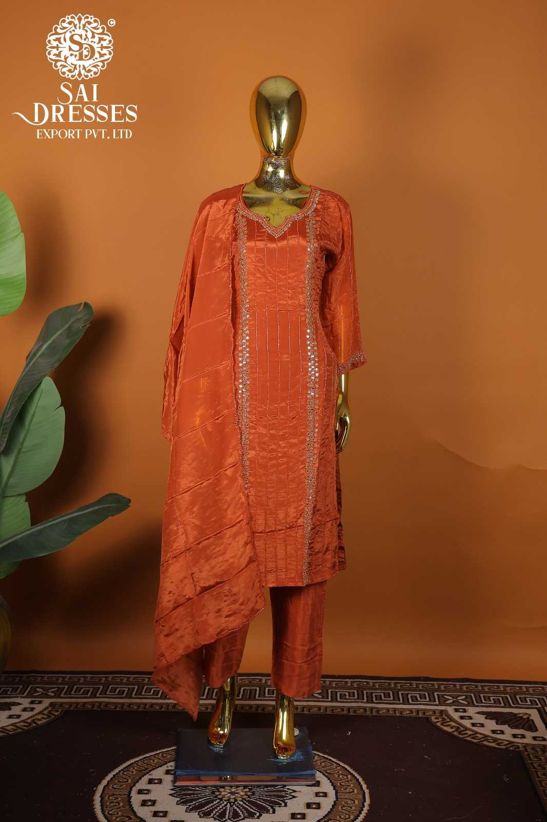 EXCLUSIVE DESIGNER COLLECTION – PURE NATURAL CREPE SALWAR SUIT WITH RICH HAND EMBROIDERY IN BURNT ORANGE