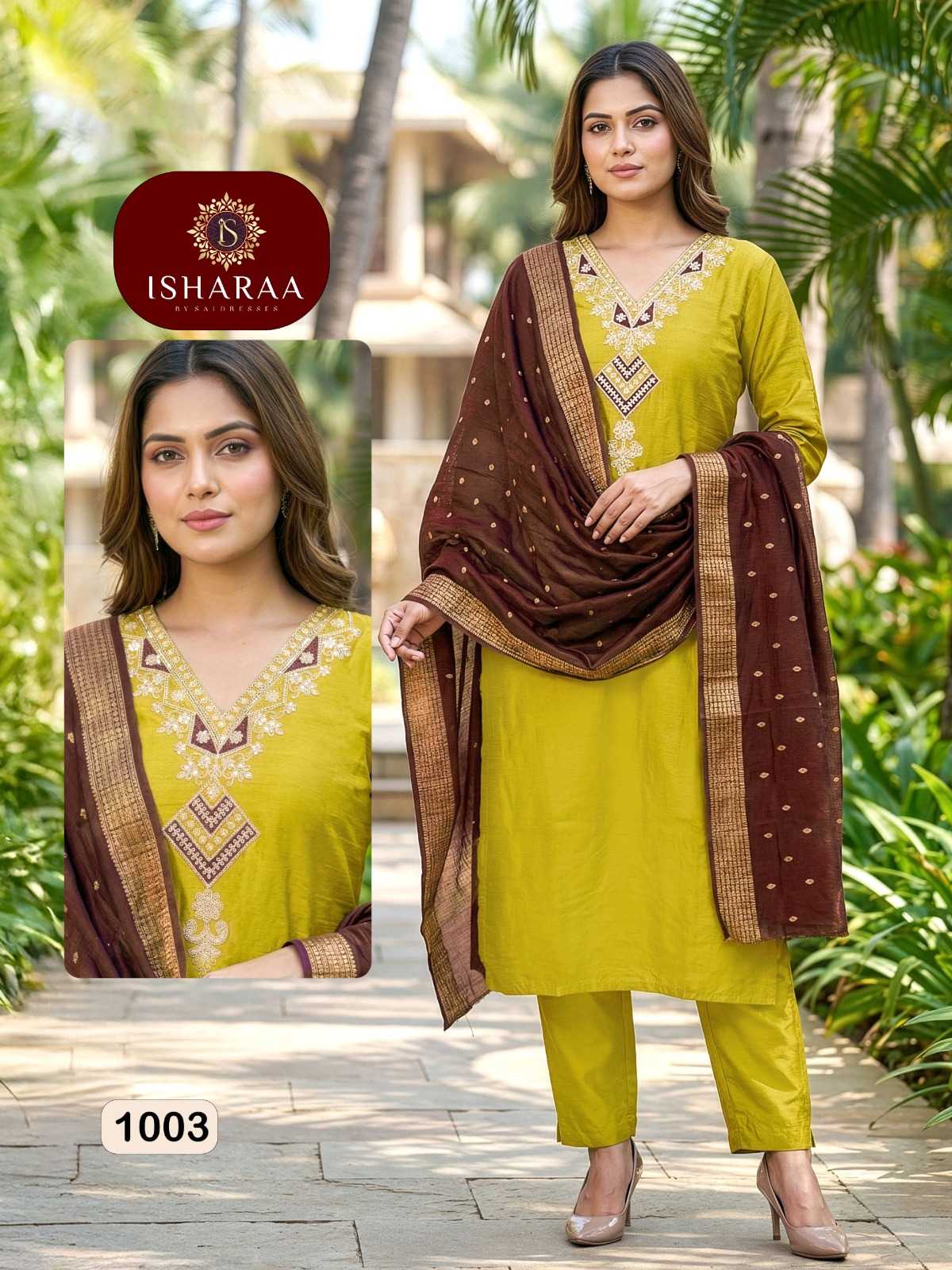 EXCLUSIVE VARTICAN SILK SUIT WITH INTRICATE EMBROIDERY & SEQUENCE WORK – MUSTARD KURTI WITH COFFEE DUPATTA