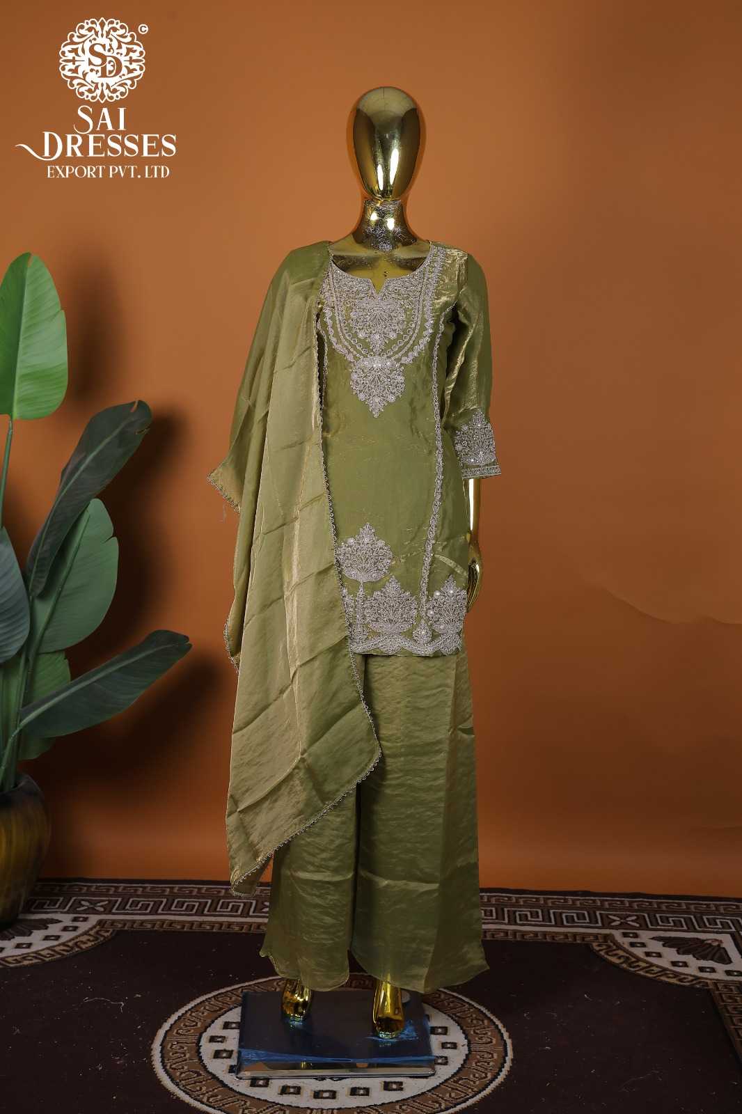 FANCY FABRIC SEQUENCE WORK KURTI PANT DUPATTA SET – OLIVE GREEN
