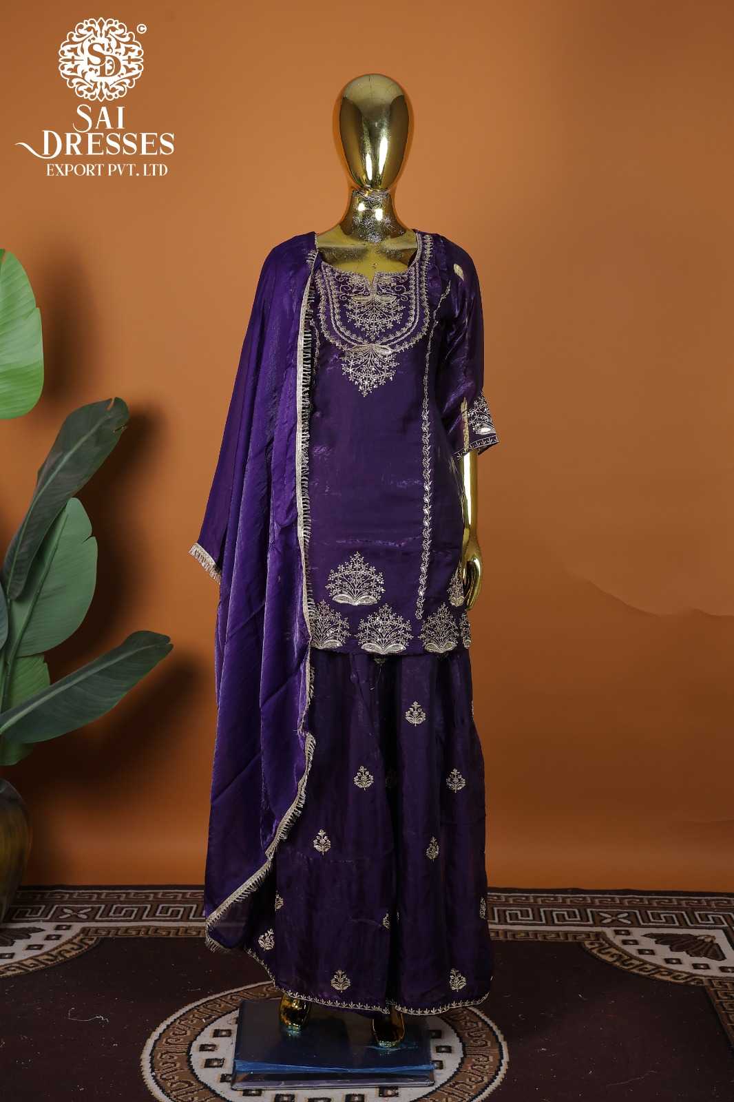 FANCY FABRIC SEQUENCE WORK KURTI PANT DUPATTA SET – PURPLE