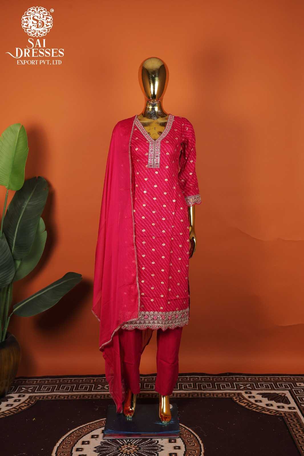 FESTIVE REYON FABRIC HEAVY WORK KURTI WITH MATCHING PANTS & DUPATTA – RICH RANI PINK COLOUR