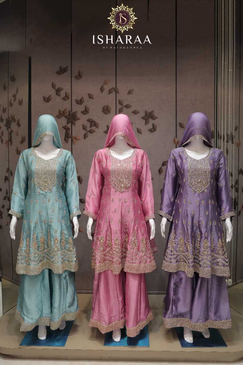 GLASS ORGANZA ICE BLUE, ROSE PINK & LAVENDER PURPLE HEAVY EMBROIDERED STRAIGHT KURTI SET WITH SHARARA AND MATCHING DUPATTA